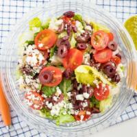 Santorini Salad · Romaine lettuce, Feta cheese, kalamata olives, cucumber, cherry tomatoes, red onions, red an...