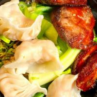 Roasted Pork & Shrimp Dumpling Noodle Soup叉烧虾饺汤面 · Savory light broth with noodles with roasted pork and shrimp dumplings.