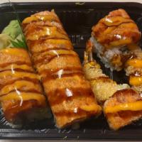 Fire Dragon Roll · Raw. Shrimp tempura and avocado inside, topped with spicy tuna.