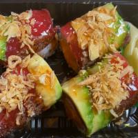 Sexy Girl Roll · Spicy crunch salmon inside, topped with pepper tuna, avocado, dried onion and spicy kimchi s...