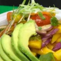 Mango Salad · Green mango, avocado, red onion, carrot, mint, cashew nut, and lime juice. Spicy.