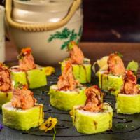 Celina · Yellowtail, Salmon, Avocado, Soy Pepper, topped with Spicy Tuna, Crunch, Wasabi Mayo, Eel So...