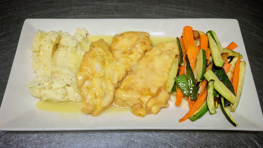 Chicken Francaise · Flour-dredged, egg dipped, sautéed chicken cutlets with a lemon butter and white wine.
Served with mashed potatoes and sautéed vegetables.