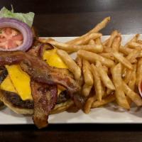 Rtr&G Burger · A perfect blend of short ribs, chuck and ribeye topped with smokehouse bacon, lettuce, tomat...