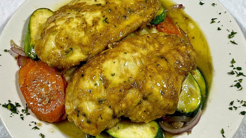 Chicken Francaise · Flour-dredged, egg-dipped, sautéed chicken cutlet with lemon, butter and white wine.
Served with mashed potatoes and sautéed seasonal vegetables.