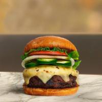 Call Me Caliente Burger · American beef patty topped with melted cheese, jalapenos, lettuce, tomato, onion, and pickle...