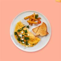 I'M So Feta Omelette Platter · Scrambled eggs, feta cheese and spinach. Served with butter toast, choice of home fries or h...