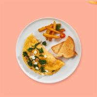 Greek Geek Omelette Platter · Scrambled eggs, olive, feta cheese and tomato. Served with butter toast, choice of home frie...