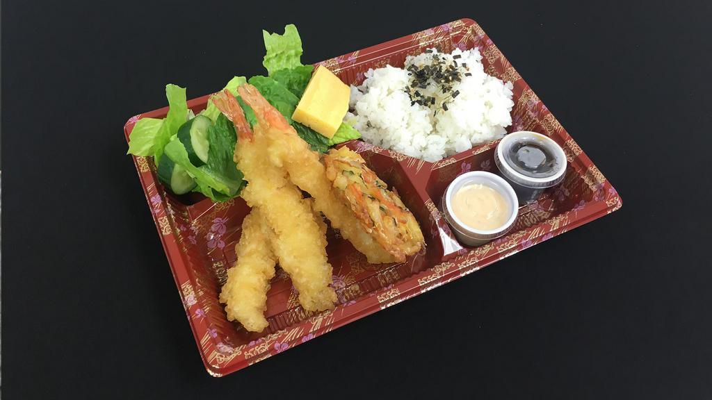 Tempura Bento · 3 Shrimp tempura, Veggie tempura, Salad, Egg.