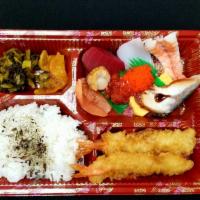 Mixed Bento · 2 shrimp Tempuras,
Ahi, Ika, Ebi, Unagi, Egg, Ikura, Masago, Salmon.
Some pickle(Sometimes c...
