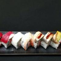 Rainbow Maki (8 Pieces) · California Maki with Ahi, Ika, Ebi, Unagi, Avocado, Salmon on the top.