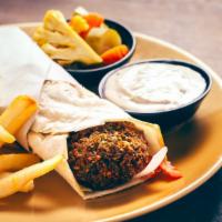 Falafel Gyro With Fries · Crispy falafel, lettuce, tomatoes, onions, cucumbers, and white sauce. Served with fries.