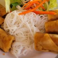 Vegan Spring Rolls · Deep-fried flour rolled ground pork, taro, carrots, shallots, and garlic. Served with fresh ...