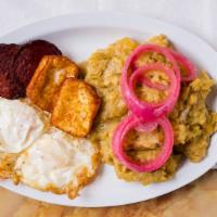 Mangu Con 2 Queso, 3 Salami · Mashed plantains with two-pieces of cheese,  three pieces of salami