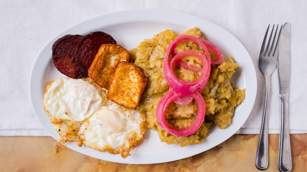 Mangu Con 2 Queso, 3 Salami · Mashed plantains with two-pieces of cheese,  three pieces of salami