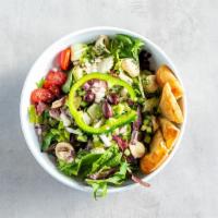Tossed Greek · Spring mix, grape tomatoes, cucumbers, bell peppers, olives, red onions, feta, and pasta sal...