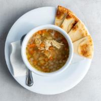 Chicken Orzo Soup - Cup · Our take on the classic chicken noodle soup, with orzo and a hint of lemon. Served with pita.
