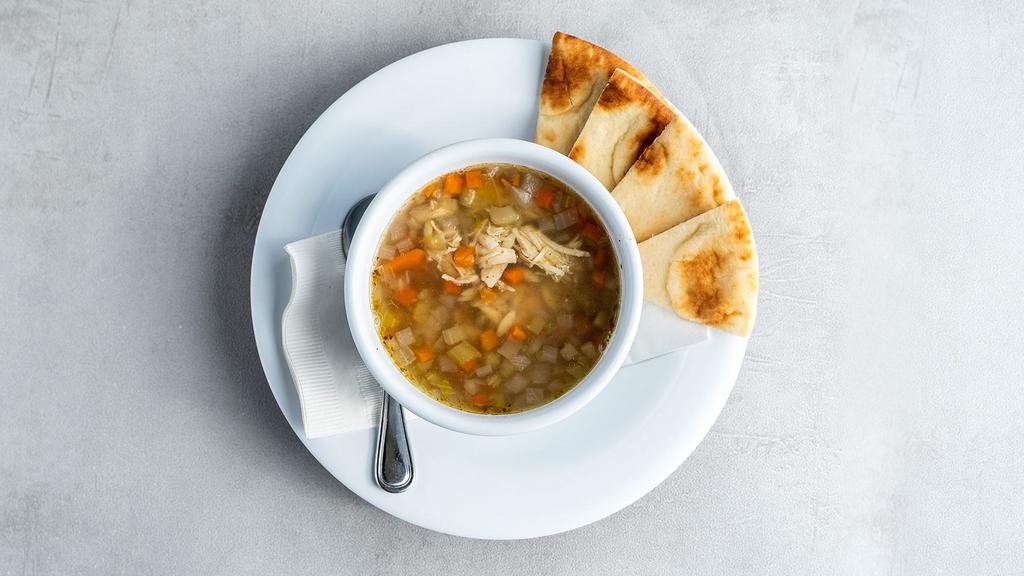 Chicken Orzo Soup - Bowl · Our take on the classic chicken noodle soup, with orzo and a hint of lemon. Served with pita.