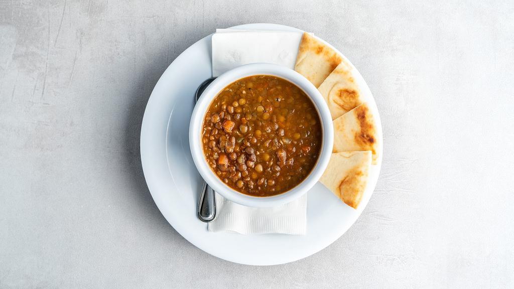 Quart Mediterranean Lentil Soup · A hearty Mediterranean classic, made with green lentils, carrots, and tomatoes. Served with pita. Serves 3-5