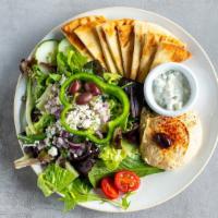 Hummus & Salad Plate · Greek salad with Classic Hummus and Tzatziki. Served with pita.
