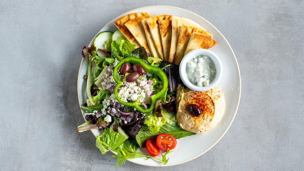 Hummus & Salad Plate · Greek salad with Classic Hummus and Tzatziki. Served with pita.