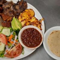 Salvadorean Platter / Bandeja Salvadoreña · Grilled steak, chicken, fried pork and avocado. / carne asada, pollo, chicharrones, y aguaca...