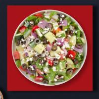 Greek God Salad · Fresh crisp romaine, cherry tomato, cucumber, bell peppers, red onion, and kalamata olives. ...