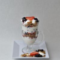 Fruit And Yogurt Parfait · Strawberries and blueberries with vanilla yogurt and our house made granola