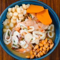Ceviche Mixto · Shrimp, Octopus, Tile Fish, Classic Leche de Tigre, Aji Limo,  Red Onions, Choclo, Cancha + ...