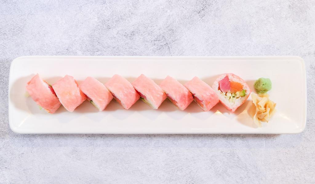 Pink Lady Special Roll · Salmon, tuna, avocado, cucumber wrap with soybean paper and Japanese mayo.