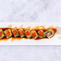 Dragon Special Roll · Eel cucumber inside top with avocado, flying fish row and eel sauce.