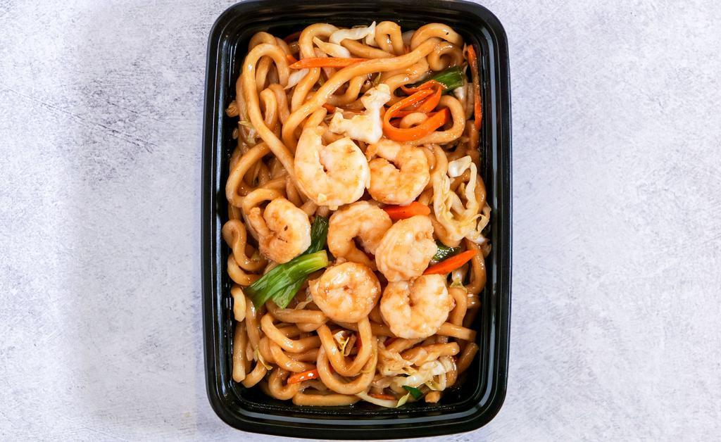 Shrimp Stir Fried Udon · Shrimp, cabbage, onion, carrot and green onion noodle. Comes with salad.