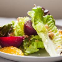 Red Leaf Salad · peppers, ginger, hard salami, raisins, jam grapes,  apple, red onion vinaigrette