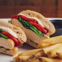 Balsamic Panini · Grilled chicken, spinach, roasted red peppers, fresh Mozzarella, housemade flat bread, balsa...