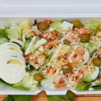 Shrimp Salad · Fresh lettuce, tomatoes, cucumber, olives, red onion topped with shrimp.choice of dressing
