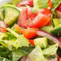 Garden Salad · Fresh lettuce, tomatoes, , red onion, cucumber, olives.