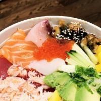 Spicy Salmon Sashimi Rice Bowl · Spicy salmon over sushi rice with sliced cucumber, radish, ginger, crunchy greens, and sesam...