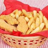 Classic Chicken Tender Basket With Fries · Delicious chicken tenders battered and fried to perfection. Served on a bed of French fries.
