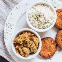 Crab Cake Dinner · With two sides.