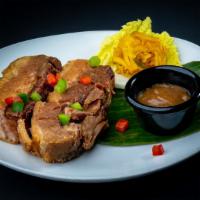 Lechon Kawali (Deep Fried Pork Belly) · Pork belly deep fried until crisp and golden brown, yet soft and tender inside. Served with ...