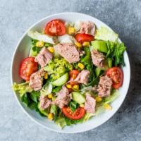 Healthy Tuna Mix · Fresh Salad made with Tuna over mixed green, cucumber, tomatoes, carrots and broccoli.