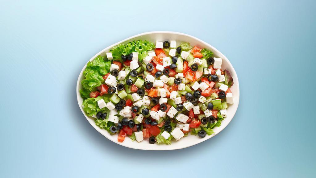Green Greek Salad · Fresh Lettuce, cucumber, tomatoes, onions, olives, and feta cheese tossed with our house dressing.