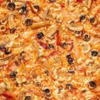 Veggie Pizza · Onions, mushrooms, sweet peppers, and black olives.