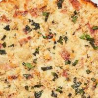 Clam Pizza · Mozzarella cheese, Parmesan cheese, clams, bacon, and basil.