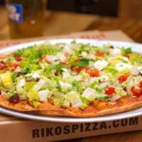 Garden Salad Pizza · Crispy lettuce, grape tomatoes, red onion, sweet peppers, cucumbers, kalamata olives, and cr...