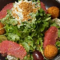 Grapes Arugula Goat Cheese Salad · Red and white grape, arugula, red grapefruit, fry goat cheese, candy hazelnut crunch house d...