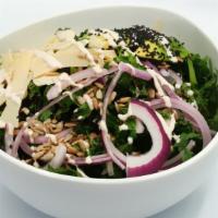 Crispy Quinoa & Kale Salad · wilted kale, sunflower seeds, green apple, parmesan cheese, red onion, avocado, pumpkin seed...