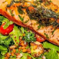 Blackened Organic Salmon Over Greens · arugula, green leaf, avocado, cucumber, grape tomato, scallion, toasted sunflower seeds, cit...