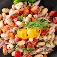 White Beans Salad · White beans, tomatoes, red onions, sumac with vinegar and extra virgin olive oil dressing.