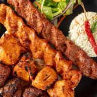 Mix Kebab · Adana kebab, chicken shish kebab, lamb shish kebab and your choice of gyro, kofte or chicken...